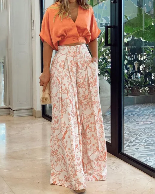 2 peças/Conjunto Top de Botão de Manga Curta com Decote em V de Verão para Mulheres e Calça Pantalona de Cintura Alta 189