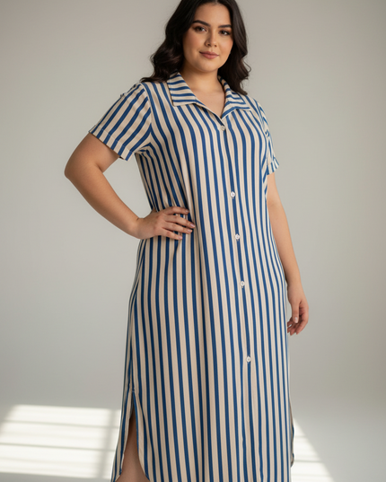 Vestido Camisa Casual Diário Elegante de Verão com Listras e Abotoamento Único para Mulheres Plus Size 532