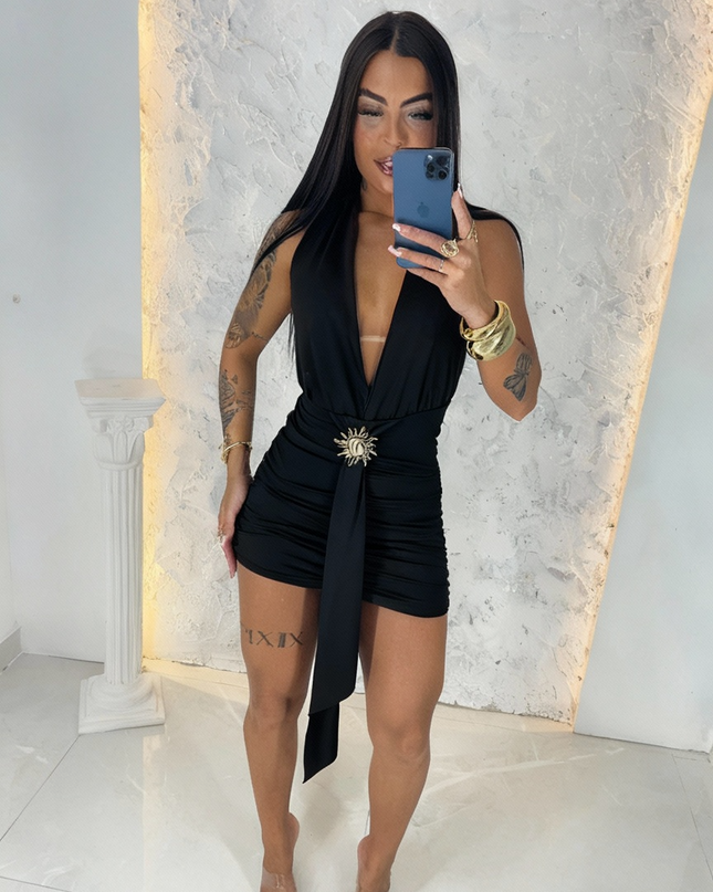 Vestido Solari Curto, Drapeado. Costas Nua, Frente Única 448