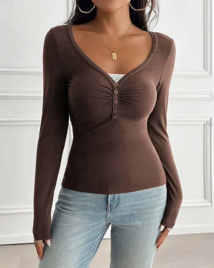 Camiseta Feminina Roupas de Outono Casual Diária Sexy Renda Contraste Manga Longa Decote em V Slim Top 123