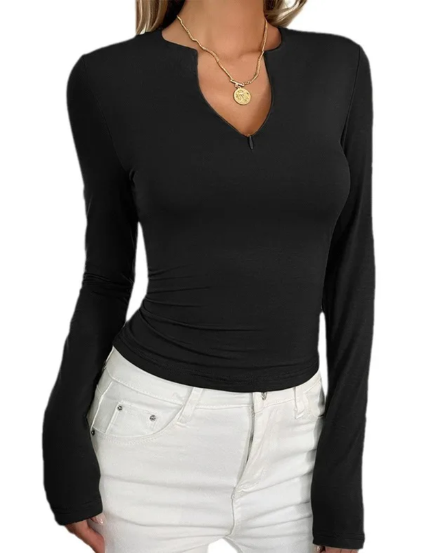 Camiseta Slim Fit de Manga Longa com Decote em V de Cor Sólida Casual 167