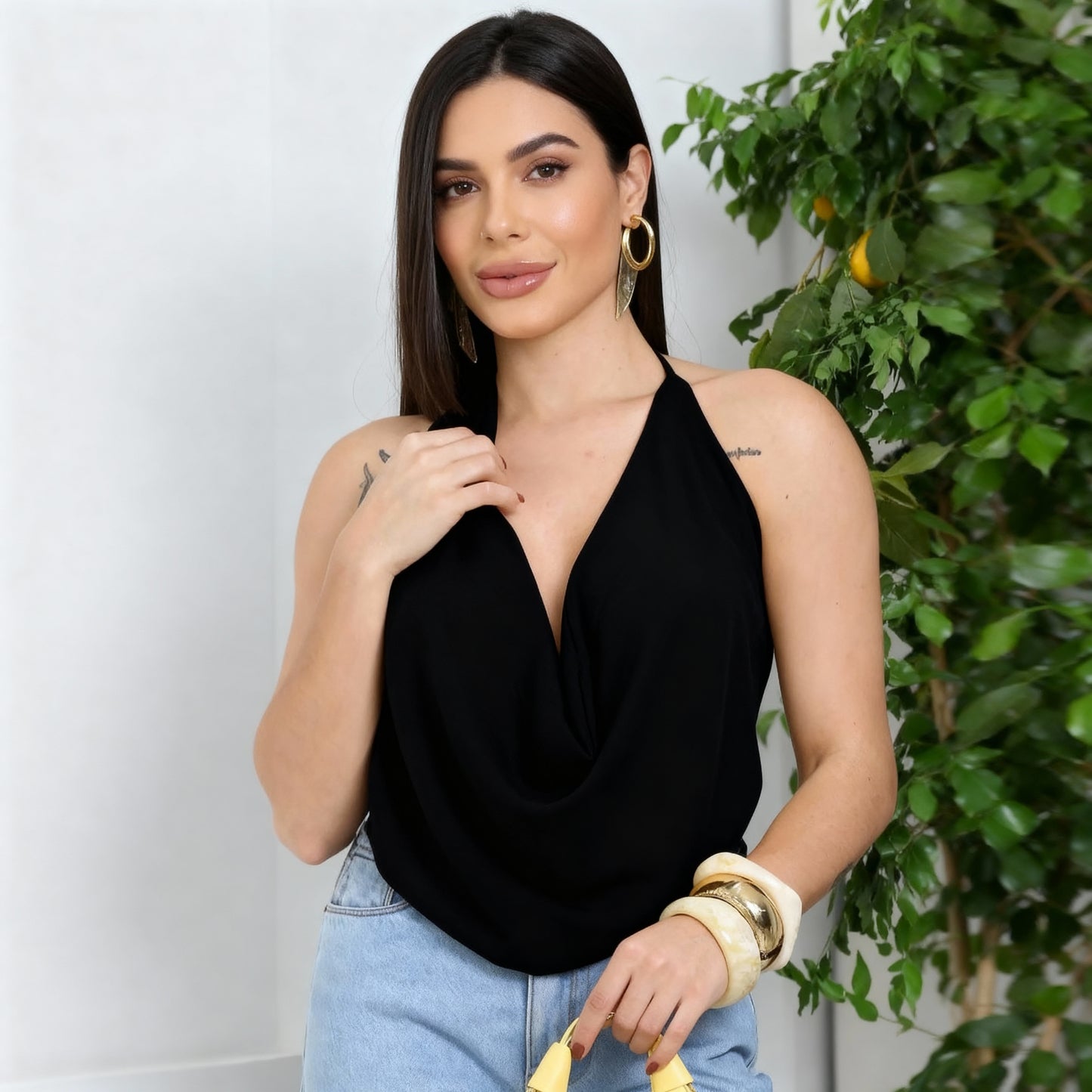 Cropped Blusa Top Frente única Decote Frontal Com Várias Amarrações Leve Alças Finas Estilosa 239