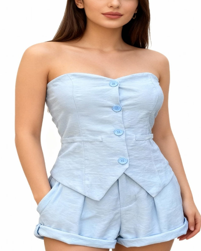 Conjunto elegante de colete e shorts casuais sem alças de cor sólida 61