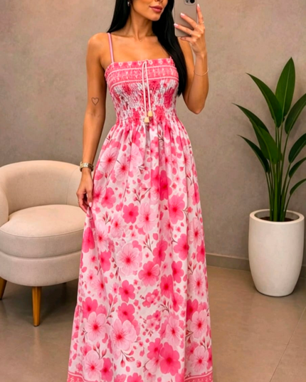 Vestido Longo Feminina  Estampa total  Plantas  Folha    Franzido  Nó  Bainha com babado    Férias  Casamento 558