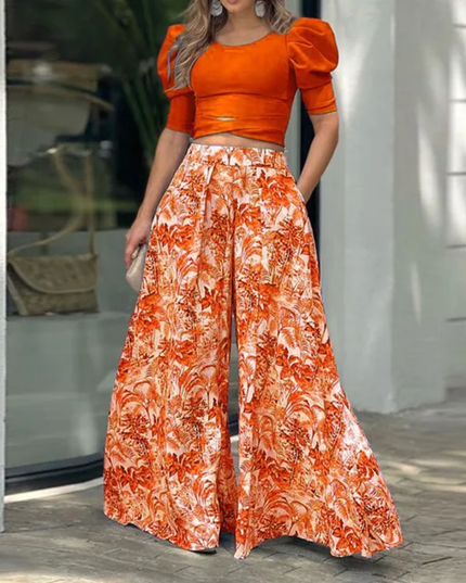 Conjunto Blusa Manga Curta Princesa Blusinha Bufante e calça de perna larga estampada 202