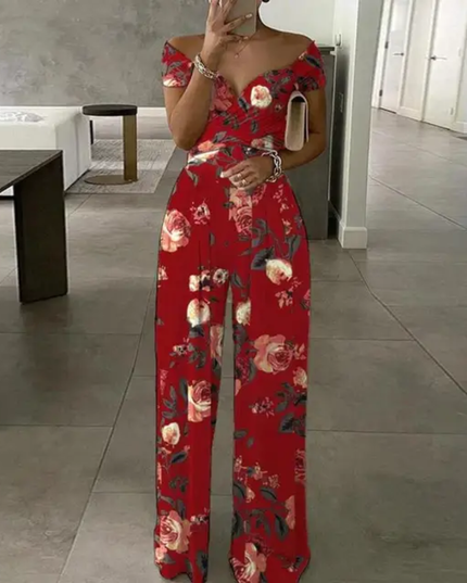 Macacão Floral com Decote em V para Mulheres, com Bolsos, Caimento Relaxado, Adequado 193