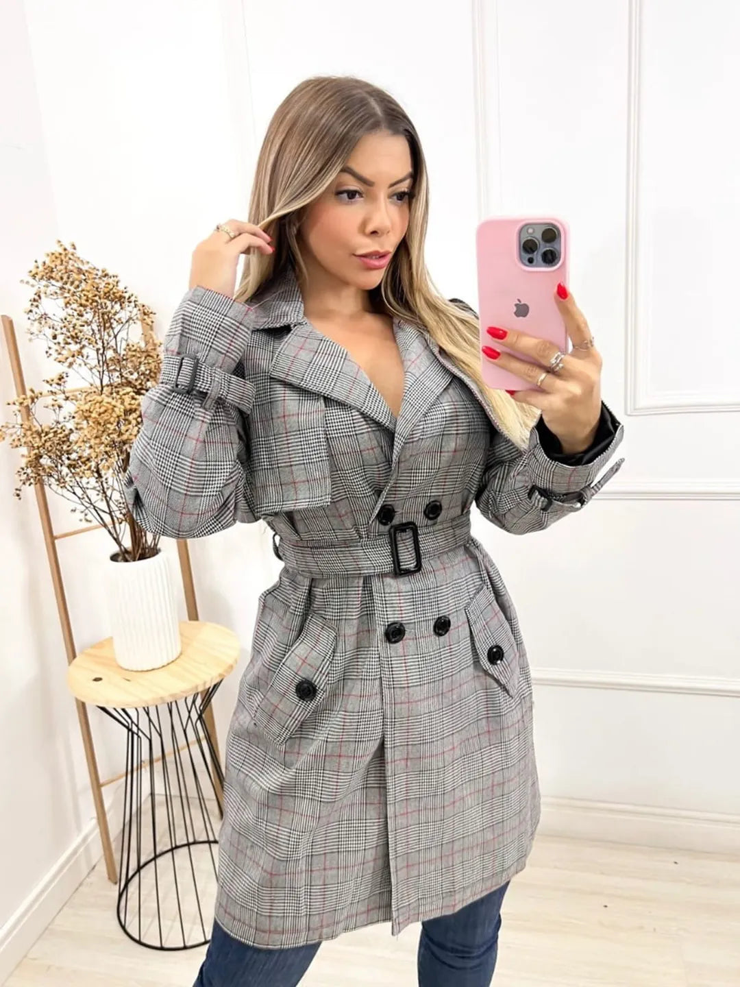 Sobretudo longo xadrez com alças para mulheres 227