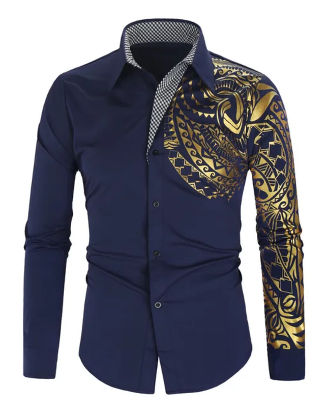 Homem Meia-Noite Top Masculina de Manga Longa com Botões, Casual, Estampa Geométrica Contrastante, Gráfico Disco, Gola 608