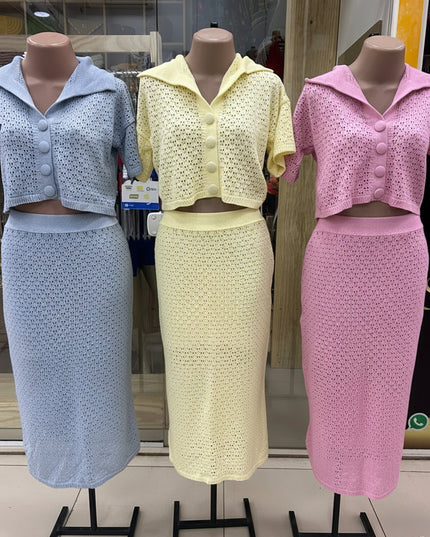 Conjunto Tricot Canelado Feminino calça Camisa Pontos Vazados Básico Casual Elegante 259