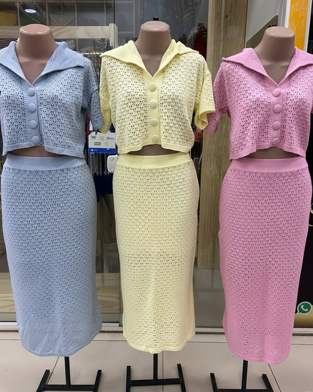 Conjunto Tricot Canelado Feminino calça Camisa Pontos Vazados Básico Casual Elegante 259