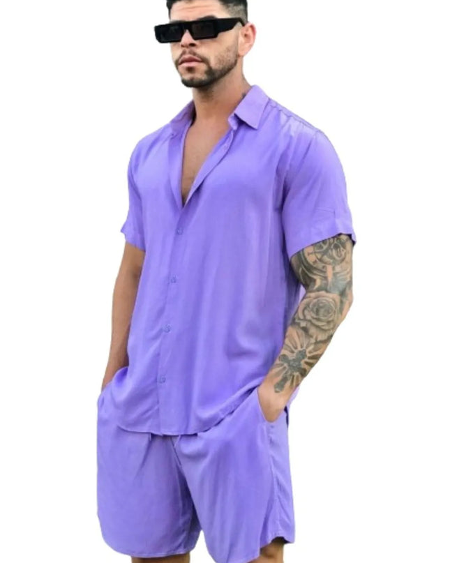 Conjunto Camisa e Short Lisa Havaiano Estampado Listrado Masculino Tecido de Viscolinho com elastano 464