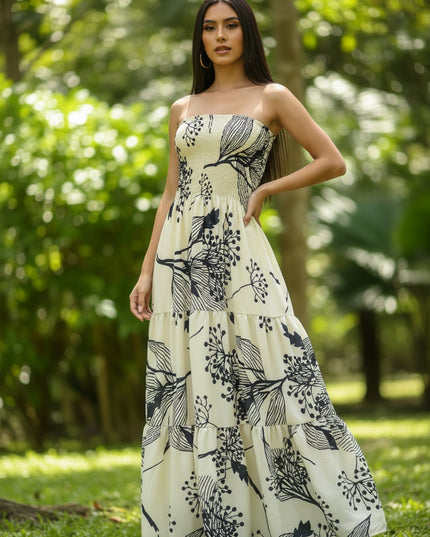 Vestido Feminino Longo Lastex Tomara Que Caia Folha Estampa 529