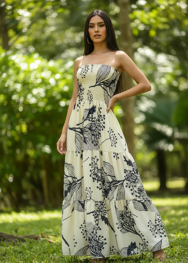 Vestido Feminino Longo Lastex Tomara Que Caia Folha Estampa 529