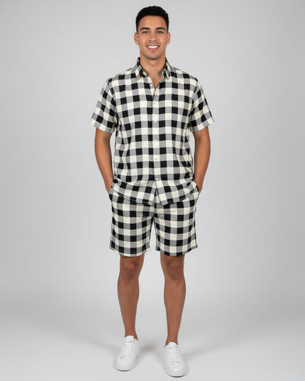 Conjunto de Cardigã Xadrez Retrô de Cavalheiro Camisa Shorts para Homens 468