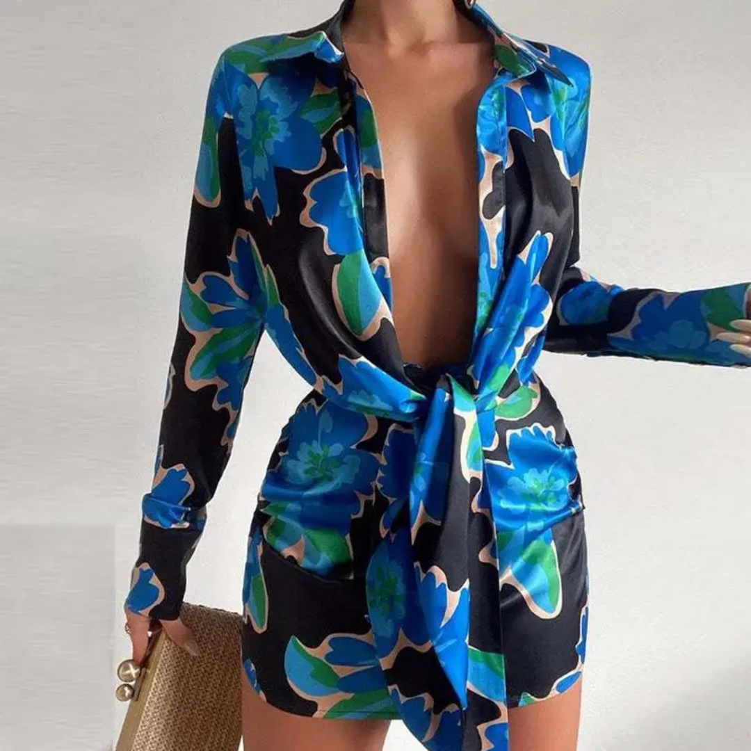 Vestido feminino simples e diário de mangas compridas com estampa aleatória 214