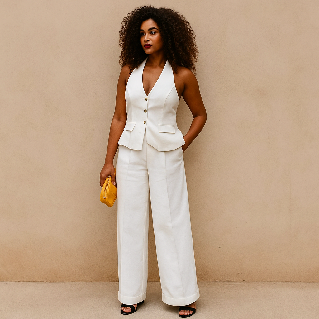 Conjunto Feminino de Duas Peças: Colete com Gola Halter e Calça Longa