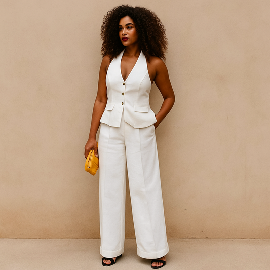 Conjunto Feminino de Duas Peças: Colete com Gola Halter e Calça Longa
