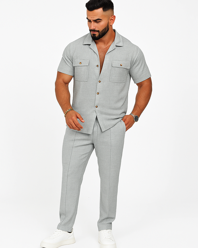 Conjunto Masculino Verão — Camisa Manga Curta com Botões + Calça com Bolsos