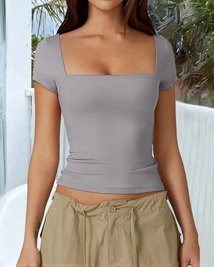 Camiseta Cropped Slim-Fit de Gola Quadrada e Tricô Sólido para Mulheres 173