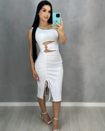 Vestido Mula Manca Argola Franzido Fenda Lateral Midi Um Umbro Só 444