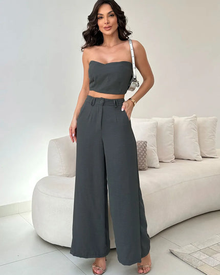 Conjunto Feminino Casual Elegante Calça Pantalona Cintura Alta e Cropped Duna 244