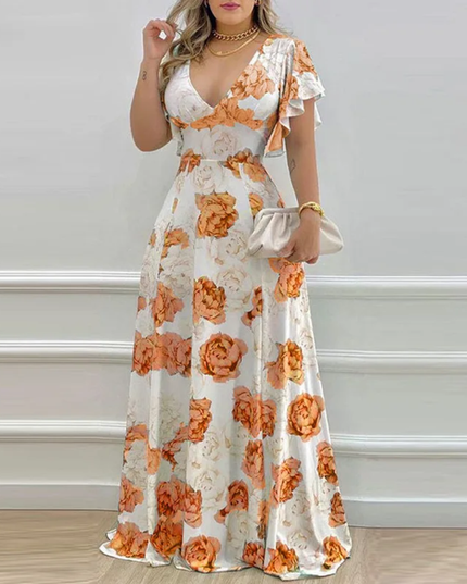 Vestido Longo Floral com Babados e Decote em V para Mulheres, Primavera e Verão. 218