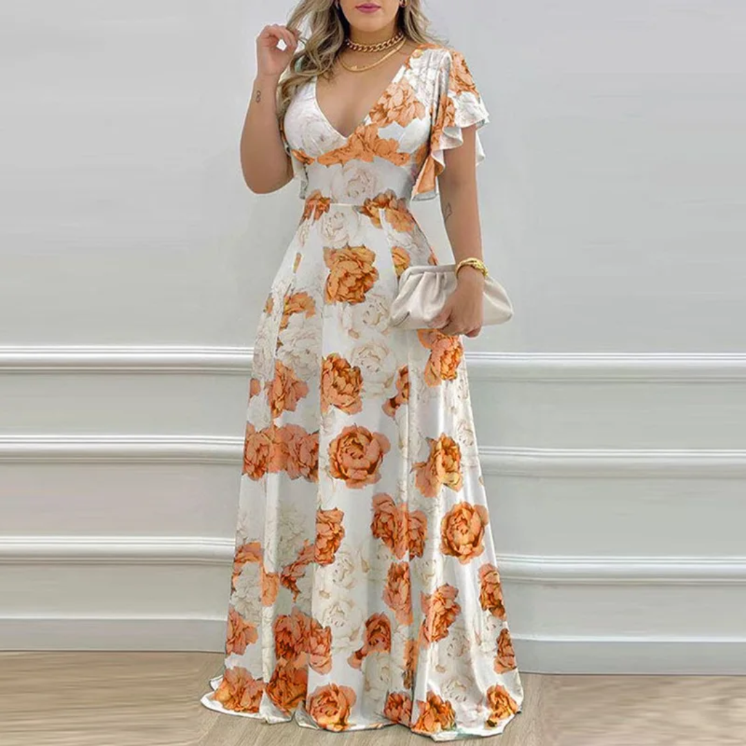 Vestido Longo Floral com Babados e Decote em V para Mulheres, Primavera e Verão. 218