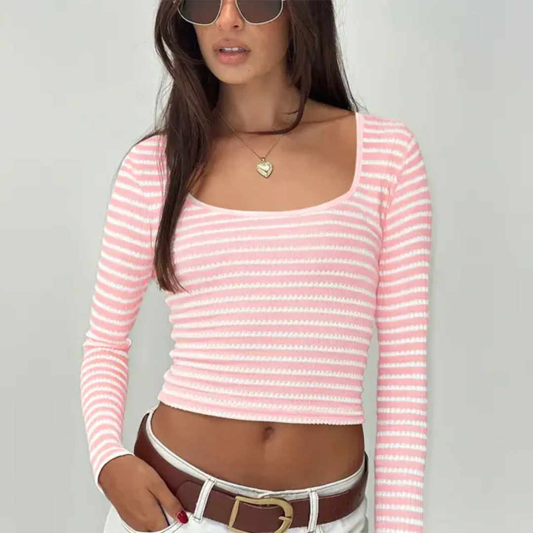 Camiseta de Manga Longa com Decote em V Listrada Casual no Outono e em Todas as Estações 127