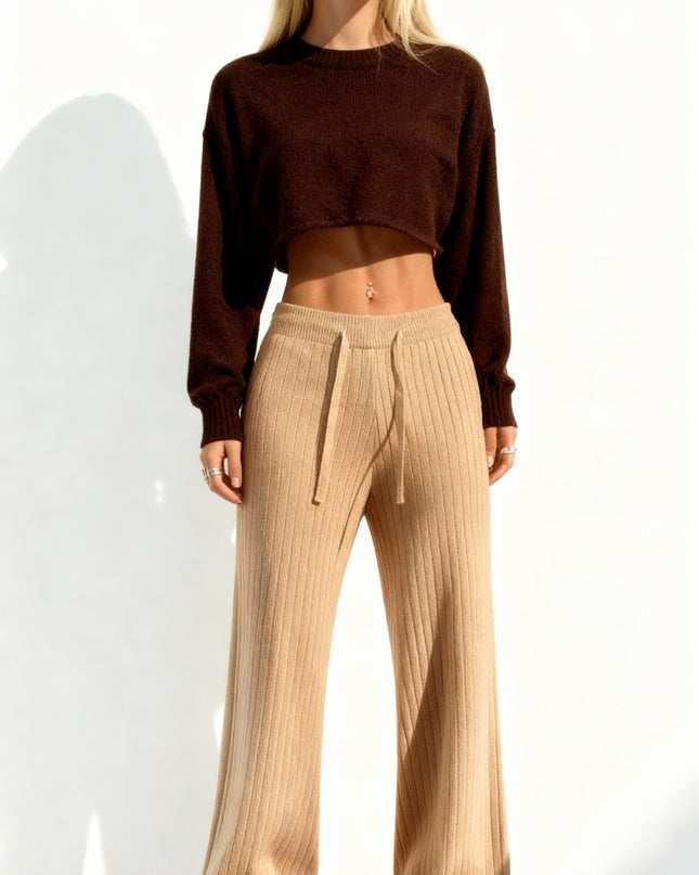 Calças femininas de malha com cintura alta elástica e pernas largas 55