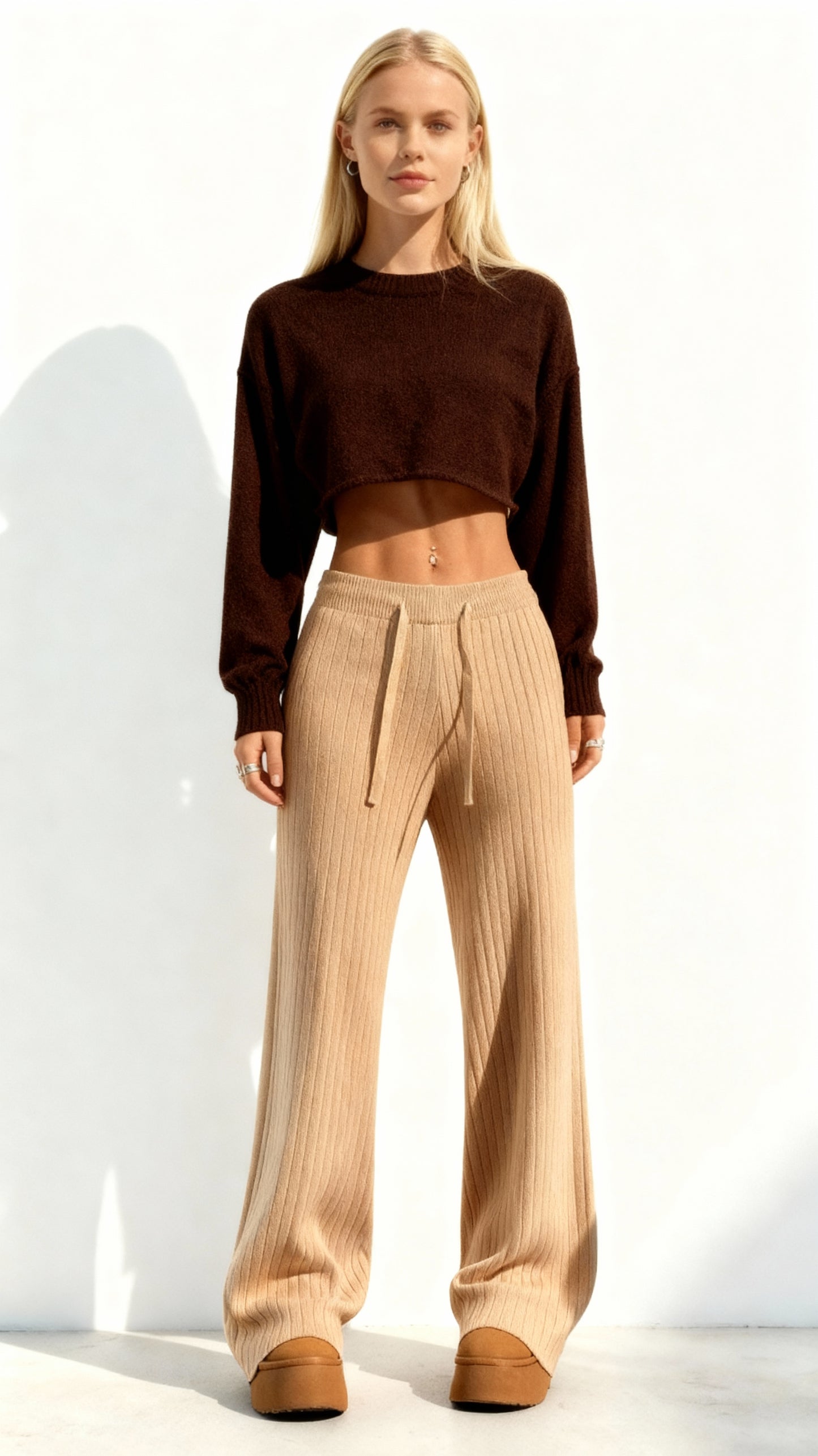 Calças femininas de malha com cintura alta elástica e pernas largas 55