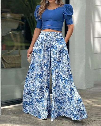 Conjunto Blusa Manga Curta Princesa Blusinha Bufante e calça de perna larga estampada 202