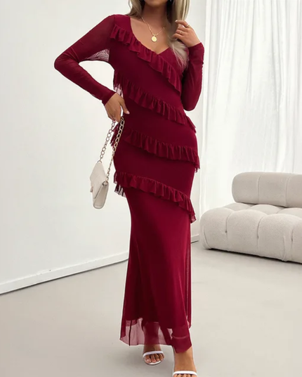 Vestido Malha Elegante e da Moda Feminino com Babados e Decote em V, de Comprimento Médio 176