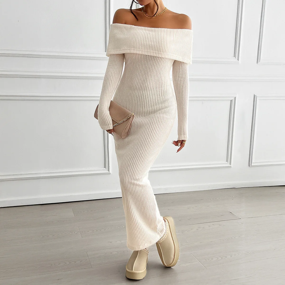 Vestido Tubinho com Ombro Caído, Manga Longa com Decoração de Laço nas Costas 132