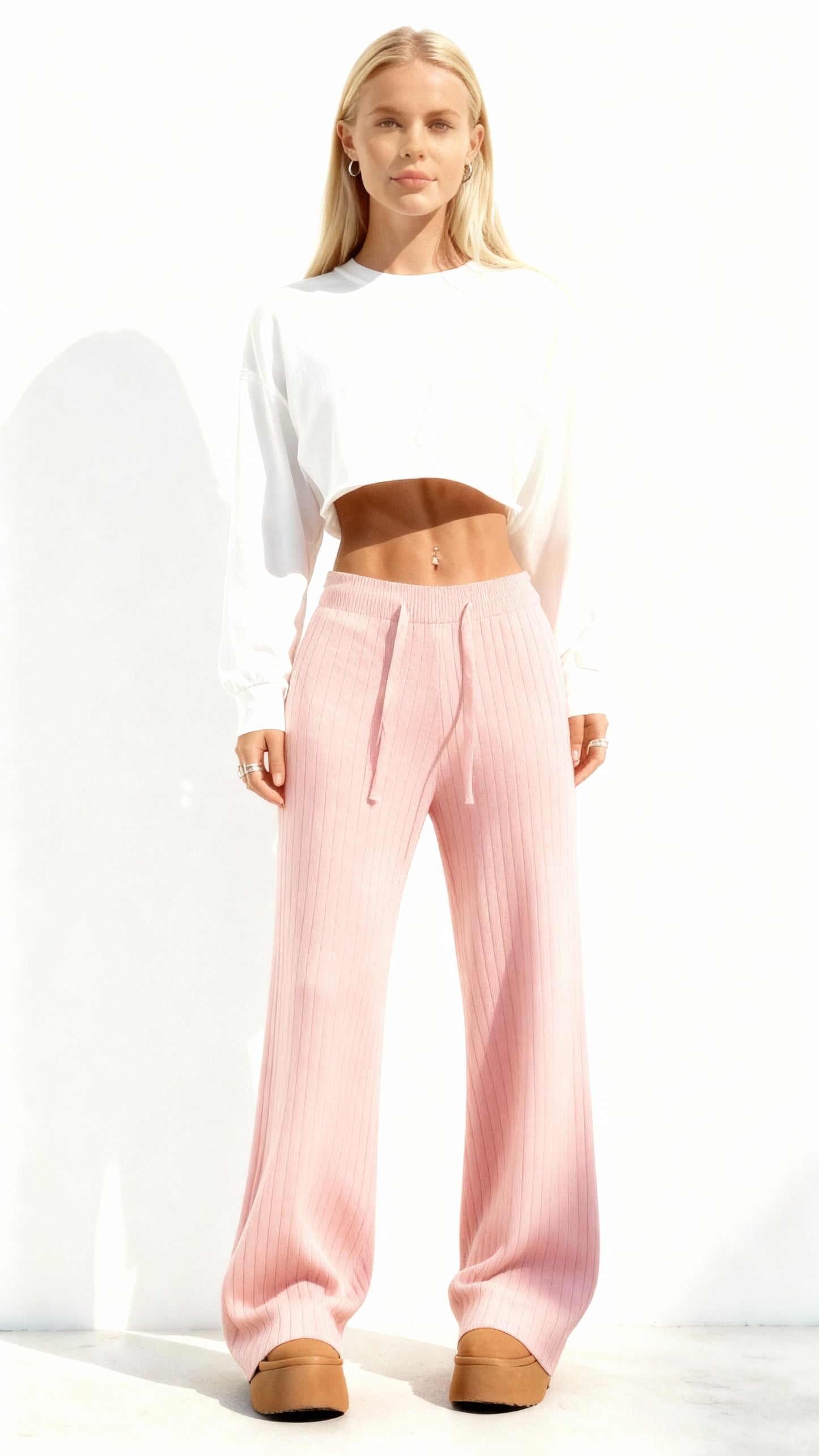 Calças femininas de malha com cintura alta elástica e pernas largas 55