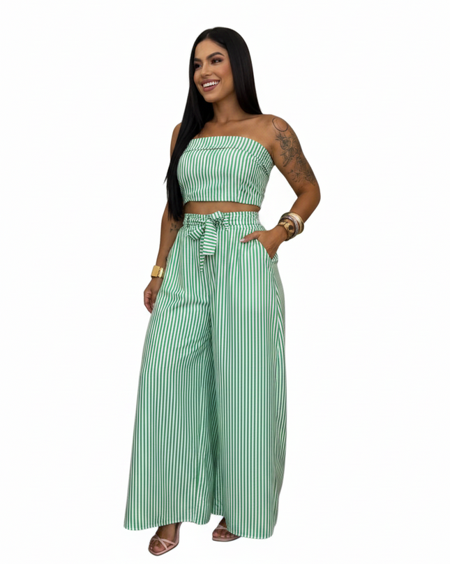 Conjunto Casual Feminino com Top Bandeau Listrado e Calça Longa com Cordão na Cintura 560