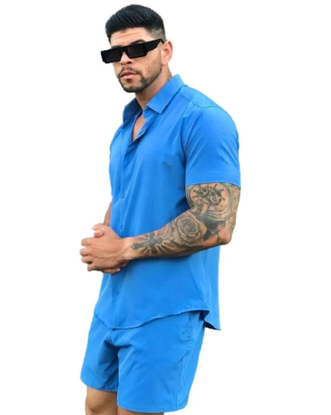 Conjunto Camisa e Short Lisa Havaiano Estampado Listrado Masculino Tecido de Viscolinho com elastano 464