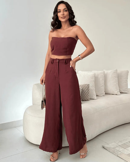 Conjunto Feminino Casual Elegante Calça Pantalona Cintura Alta e Cropped Duna 244