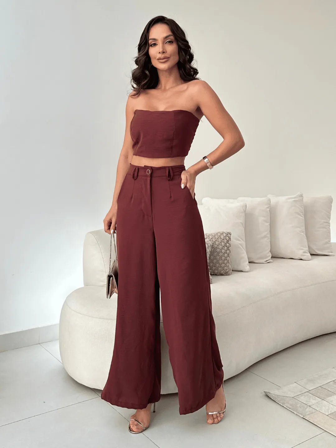 Conjunto Feminino Casual Elegante Calça Pantalona Cintura Alta e Cropped Duna 244