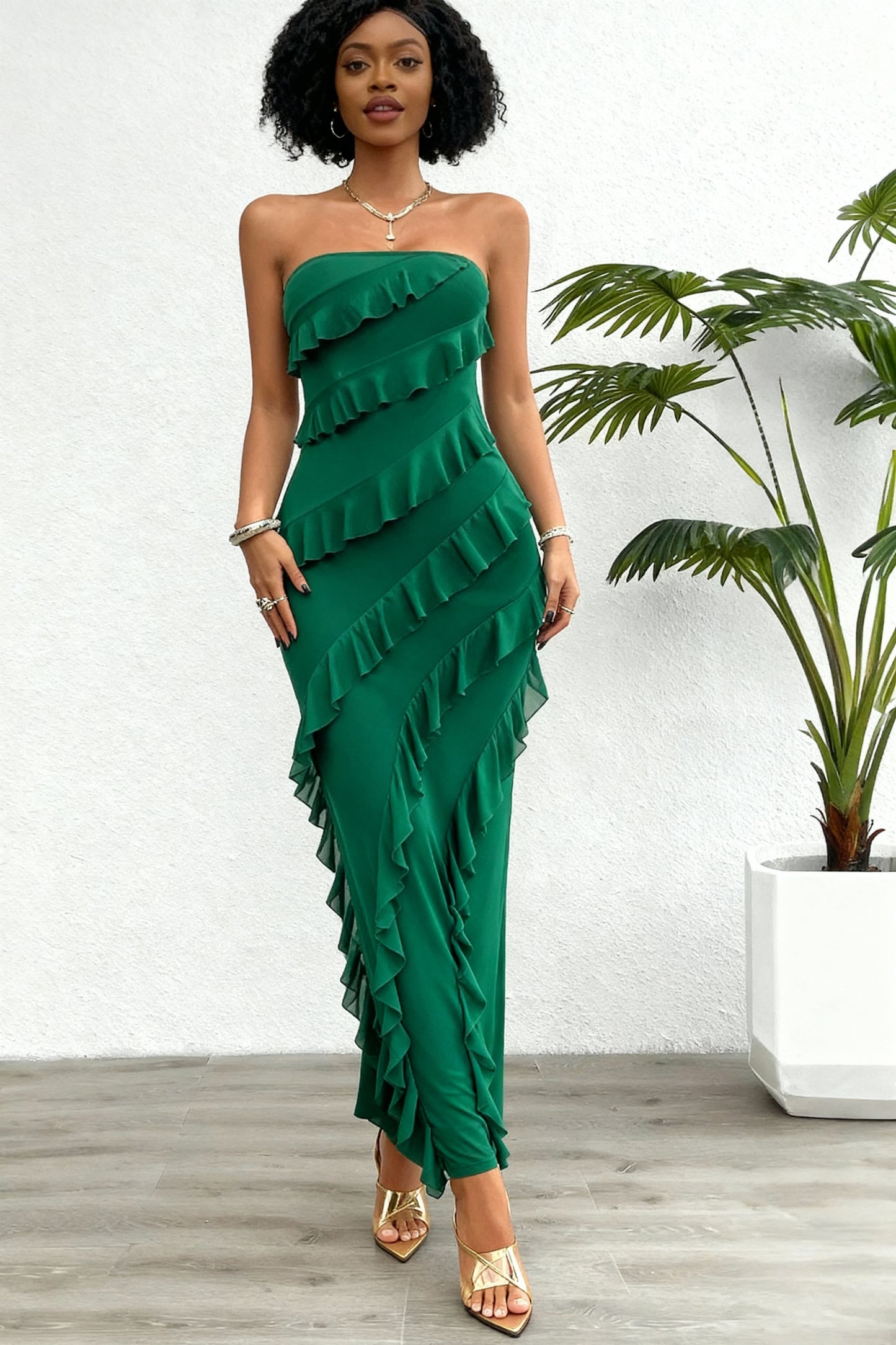 Vestido Longo com Bainha sem alças, Múltiplas Camadas, Estilo Folha de Lótus com Babados 147