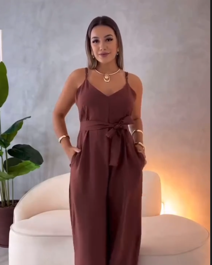 Macacão Feminino Longo Simples elegante Casual Festa Tecido Com cinto Bolso Zíper Sensorial verão  Elegante 287