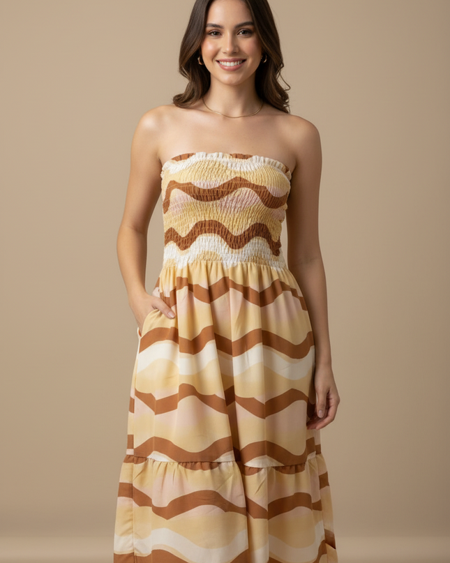Vestido longo curto tomara que caia com elastex estampa tropical verão 530