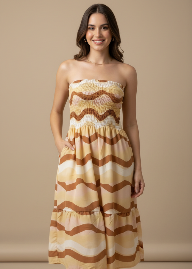 Vestido longo curto tomara que caia com elastex estampa tropical verão 530