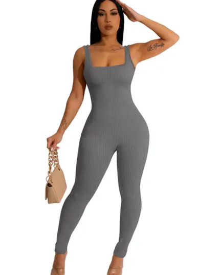 Macacão Slim Fit de Cor Sólida para o Verão, Regata com Halter, Bandagem Costas Nuas, Casual para Mulheres 507