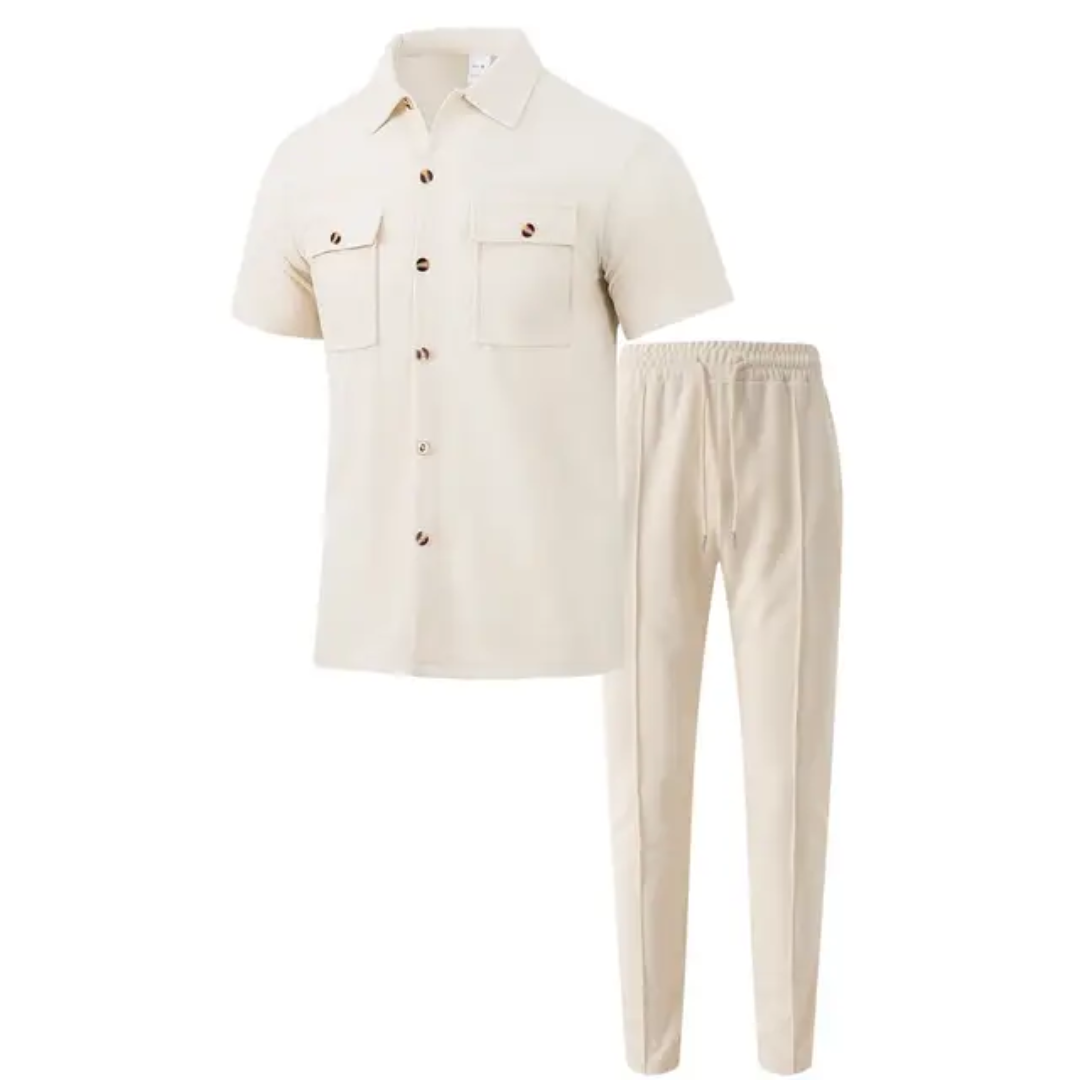 Conjunto Masculino Verão — Camisa Manga Curta com Botões + Calça com Bolsos