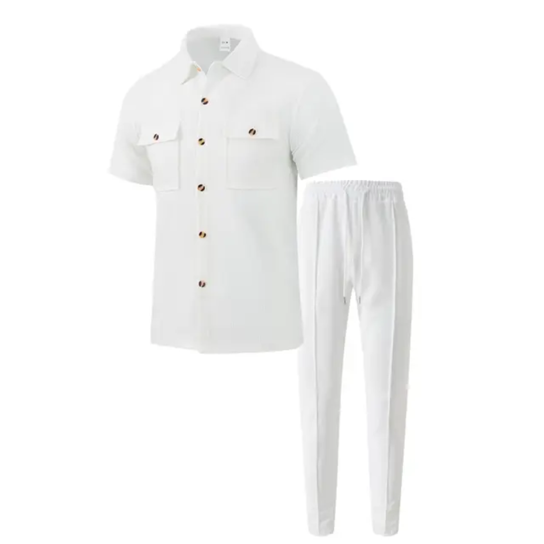 Conjunto Masculino Verão — Camisa Manga Curta com Botões + Calça com Bolsos