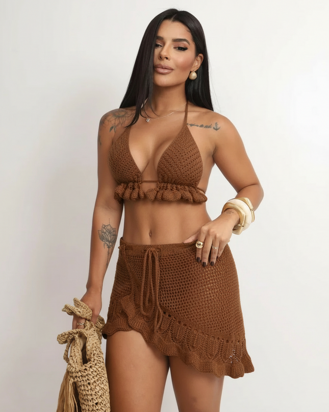 Swim 2 Peças Conjunto de Maiô Bikini Sexy Mulheres Verão Crochê Vazado com Cobertura 340