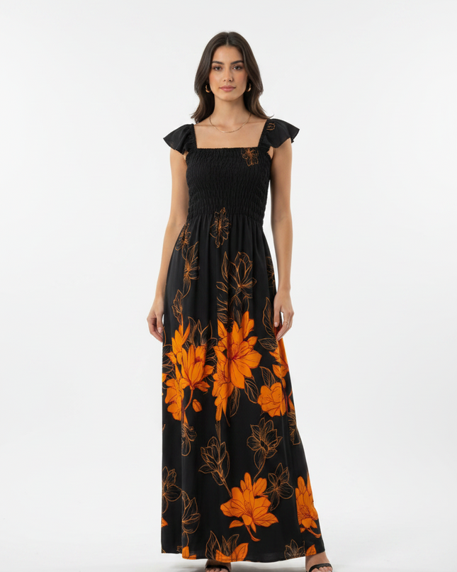 VESTIDO LONGO LASTEX DUAS MARIAS BABADO LEVE CONFORTÁVEL ELEGANTE ESTILOSO CASUAL ESTAMPA FLORAL 531