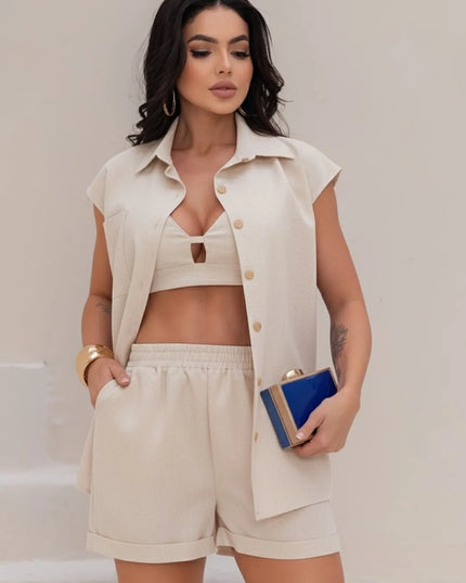 Conjunto Feminino Cropped, Colete e Shorts em Linho, Conjunto de 3 peças 266