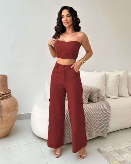 Conjunto Feminino Alfaiataria Casual Elegante Calça Cargo e Top 322