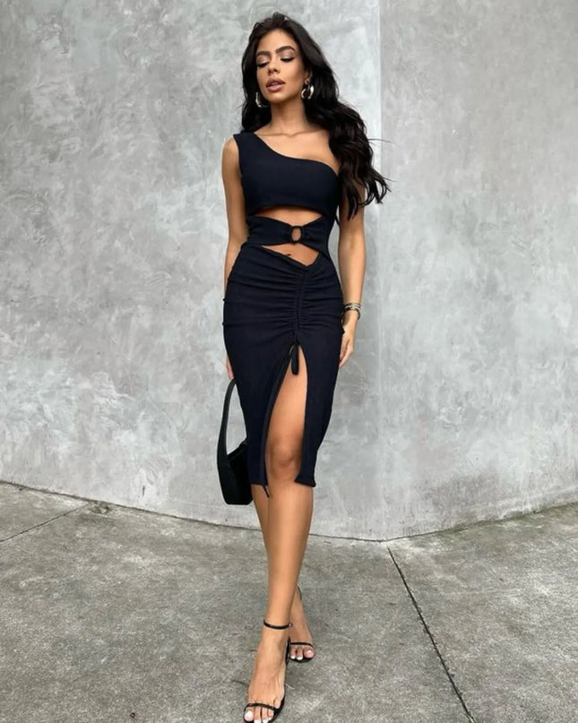 Vestido Mula Manca Argola Franzido Fenda Lateral Midi Um Umbro Só 444